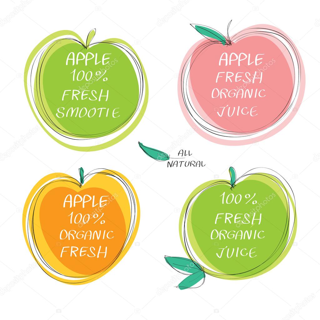 Fresh juice -  Health Food Headings vector set  - Apple juice circle stickers with inscription fresh. Calligraphic Organic food hand drawn icons collection isolated on white background.