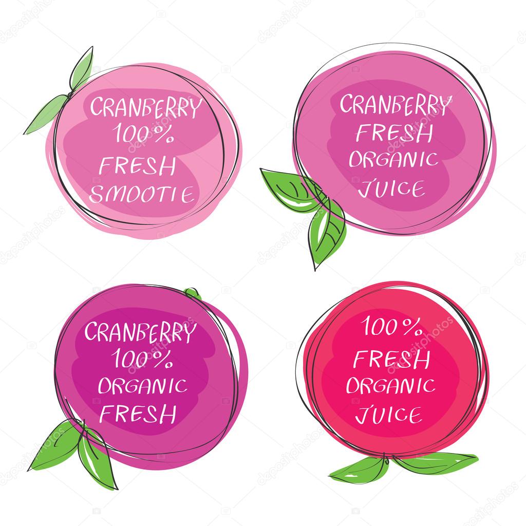 Fresh juice -  Health Food Headings vector set  - Cranberry juice circle stickers with inscription fresh. Calligraphic Organic food hand drawn icons collection isolated on white background.