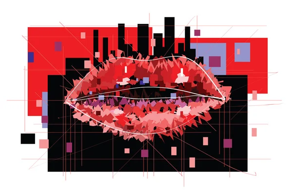 Beautiful woman lips formed by abstract shapes and abstract big city silhouette as background. Geometrical vector illustration for night city, night club, passion, black friday sale concept. Stock Vector
