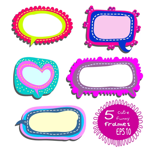 Kinderachtig frames instellen - 5 leuke, grappige frames of stickers voor vrolijke feestdagen of op school. Heldere frames als spraak bubbels vormen. Komische achtergronden voor uw project. Vector frames-collectie. — Stockvector