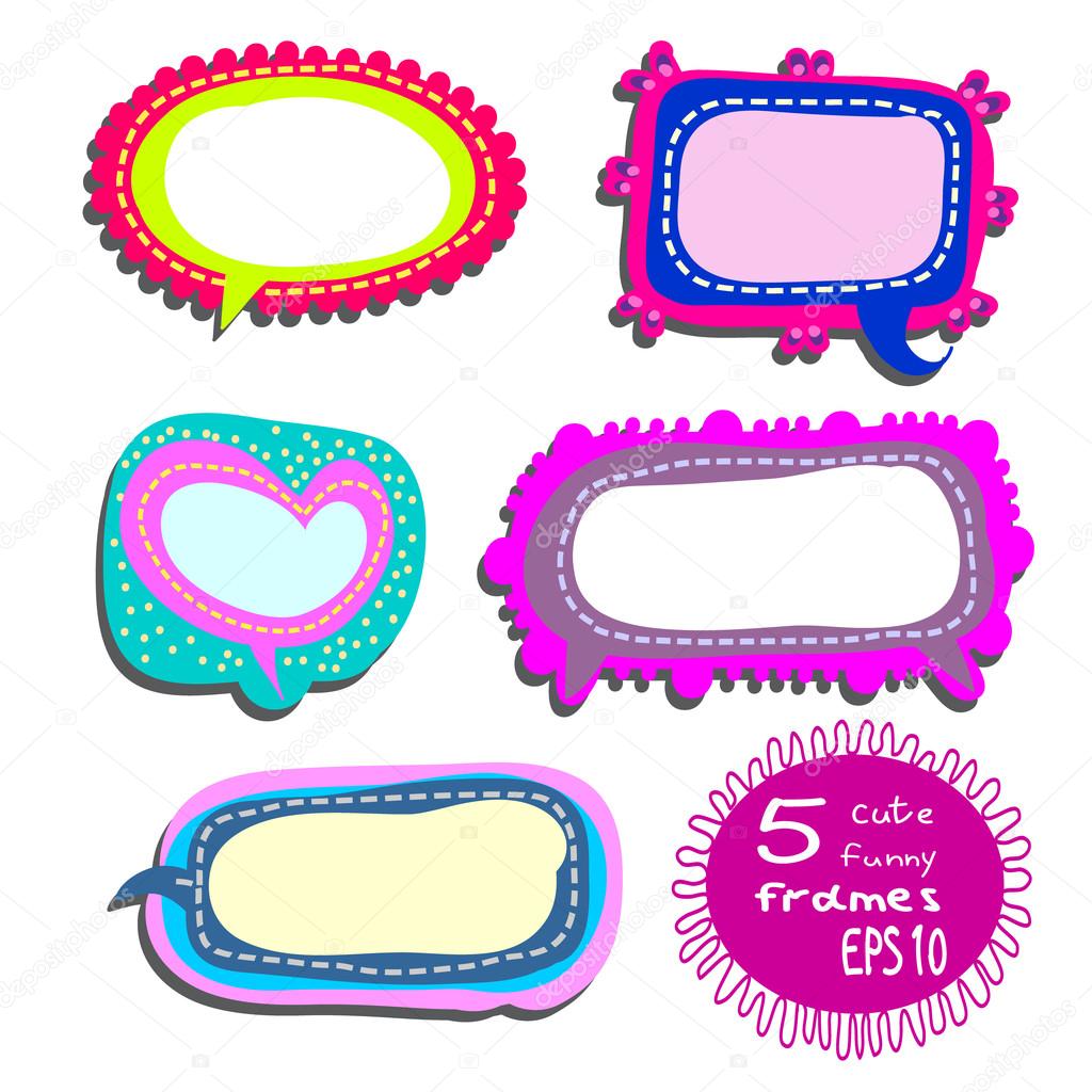 Childish frames set - 5 cute, funny frames or stickers for cheerful holidays or school. Bright frames as speech bubbles shapes. Comic backgrounds for your project. Vector frames collection.