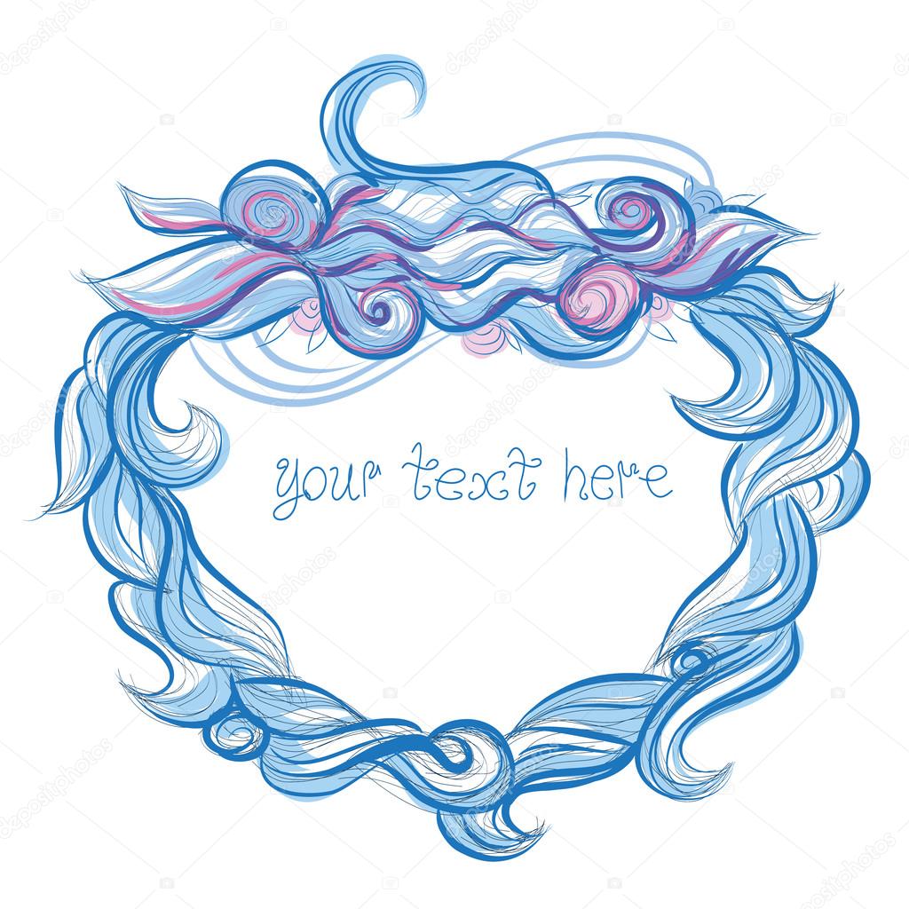 Wreath frame - beautiful vintage frame vector illustration. Hand drawn leaves and flowers, blue outline and pink. Best for fairy tale decoration in victorian style, book graphic, wedding card element.