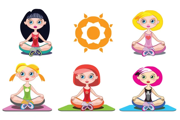 Mladé dívky jógu - vektorové ilustrace sada 5 roztomilé kreslené postavičky sedět v lotosové pozici. Mladé ženy nosit módní sportovní oděvy, trička s potiskem. Blondýna, bruneta, červené vlasy. Izolovaný. — Stockový vektor