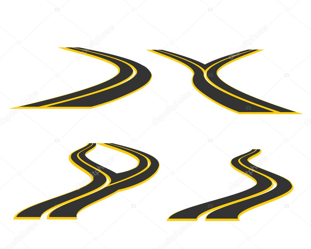 Road  sign / icon vector illustration. Road or highway symbol set.4 Paved roads shapes with hairpin curve disappearing into the distance. Clip art / design elements for transportation design, travel.