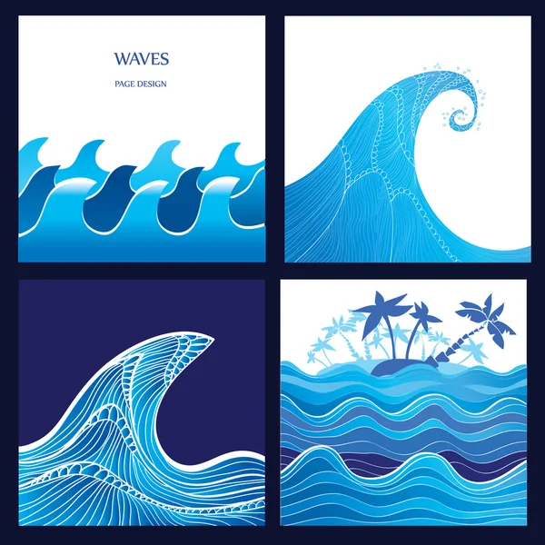 Sea, Wave, Ocean, tsunami vector illustration - set of 4 water backgrounds. Graphic waves and tropical island with palm trees. Blue watercolor wave silhouette with stripes. High Wave concept. Eps 10. — Stock Vector