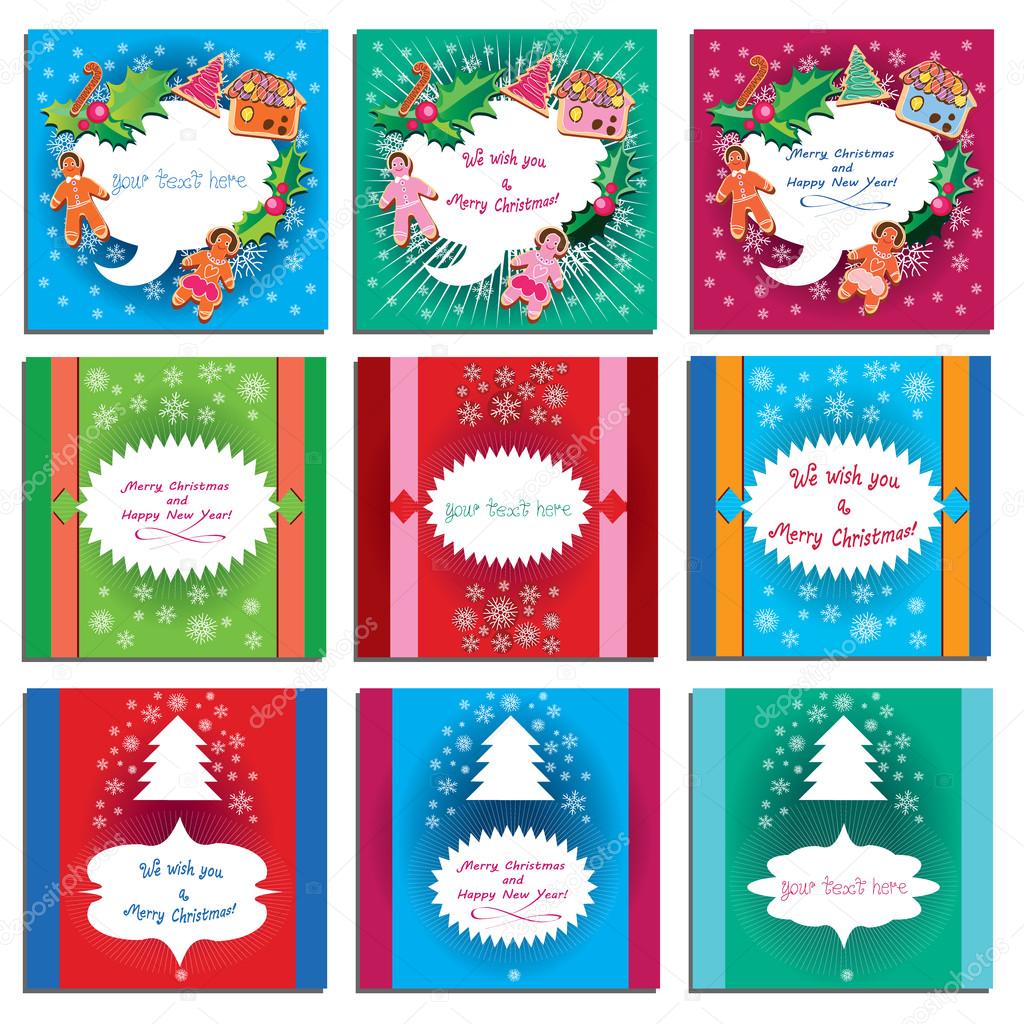 Winter holiday greeting card set - 9 bright vector illustration. Merry Christmas, Happy New Year, Wishes calligraphic / frames for customer text. Show, ribbon, gingerbread cookie, christmas tree.