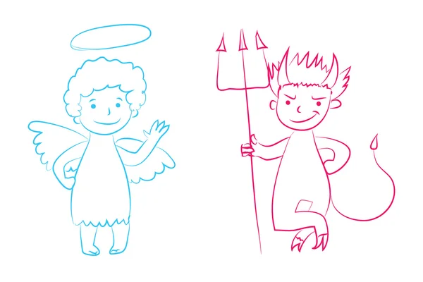 Illustration vectorielle ange et diable personnage de dessin animé garçons. Clip art graphique dessiné à la main. Dessin de style enfant. Sketchy ange drôle, mignon petit diable . — Image vectorielle