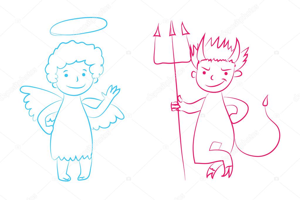 Angel and devil vector illustration - boys cartoon character. Hand drawn graphic clip art. Childish style drawing. Sketchy funny angel, cute little devil.