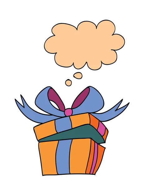 Caja de regalo sorpresa - ilustración vectorial de la caja de regalo naranja con cinta azul y pensar burbuja como marco para el texto. Caja de regalo sorpresa de dibujos animados retro, lindo y divertidoElemento cómico para su proyecto . — Archivo Imágenes Vectoriales