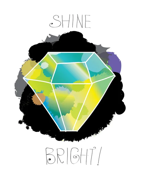 Grüner Diamant auf schwarzem Aquarell-Spritzgrund. leuchten hell - inspirierende Botschaft. Motivationskarte, Druck, Plakat. Tusche oder Aquarell spritzt Illustration. Modernes Hipster-Design. — Stockvektor