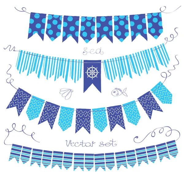 Sea vintage flags garlands set vector illustration.Blue flags, sea/sailor concept. Hand drawn flags collection.Painted in watercolor style. Decor elements with patterns: polka dots, stripes, zigzag. — Stock Vector