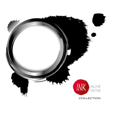 Vektör mürekkep daire çerçeve ile leke - siyah mürekkep su sıçramalarına ve düşer. Grunge mürekkep veya suluboya tasarım öğesi. Soyut şekli, Çince / Japonca mürekkep boyama tarafından ilham. Dijital küçük resim. EPS 10.