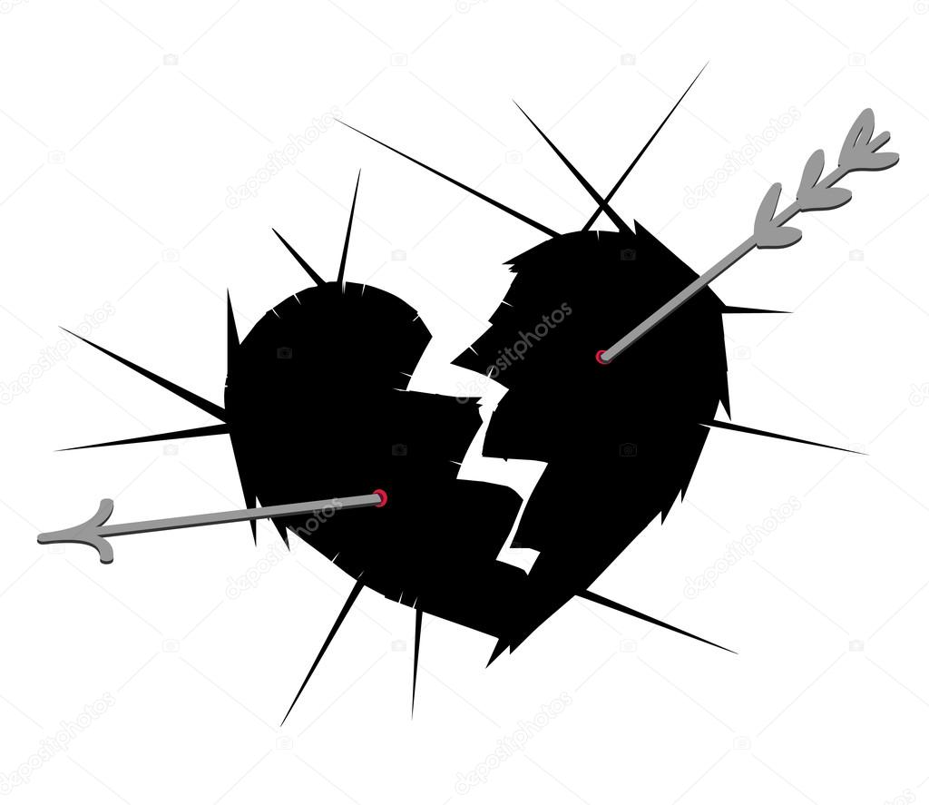 Broken heart vector illustration - two part of heart separation, with broken arrow in heart. Hurt heart cowered thorns. Symbol of sad feelings and problem in relationship. Vector crackle in heart shape.
