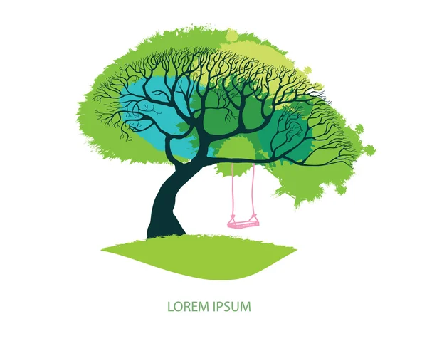 Lente weide - grote boom met verse groene bladeren vectorillustratie. Hand getekende boom met roze schommel op tak. Kaart ontwerp met gestileerde boom - gazon en loof als grunge aquarel blotch. — Stockvector