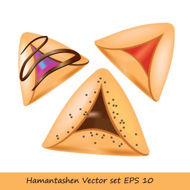 Purim cookie set - Hamantashen cookies. Jewish festive food for Purim holiday. Vector illustration of 3 various cookies named Amman Oznei (Aman ears). Cookies with red jam, chocolate. clipart