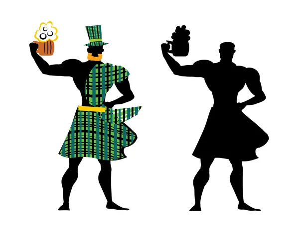 Um homem bebe cerveja. Homem com caneca de cerveja silhuetas pretas e vestido em costime - chapéu verde, barba vermelha, kilt, sem rosto. Homem bebendo conjunto de cerveja . — Vetor de Stock