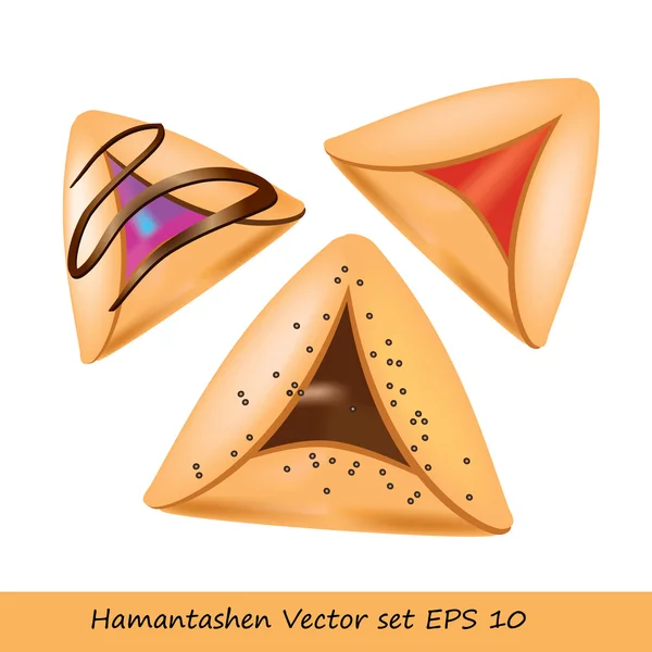 Purim cookie set - Hamantashen cookies. Jewish festive food for Purim holiday. Vector illustration of 3 various cookies named Amman Oznei (Aman ears). Cookies with red jam, chocolate. — Stock Vector