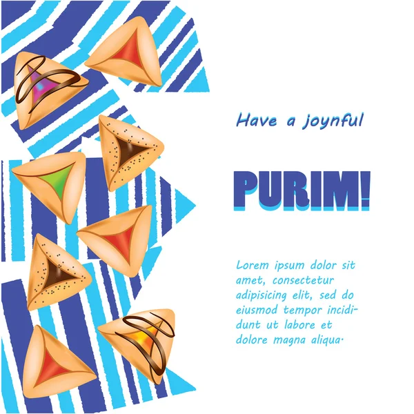 Purim hälsning för judiska semester - Hamantashen cookies / judiska festlig mat till Purim firande. Cookies som heter Amman Oznei (Aman öron) oh grunge randig flaggor bakgrund. Purim sida design. — Stock vektor