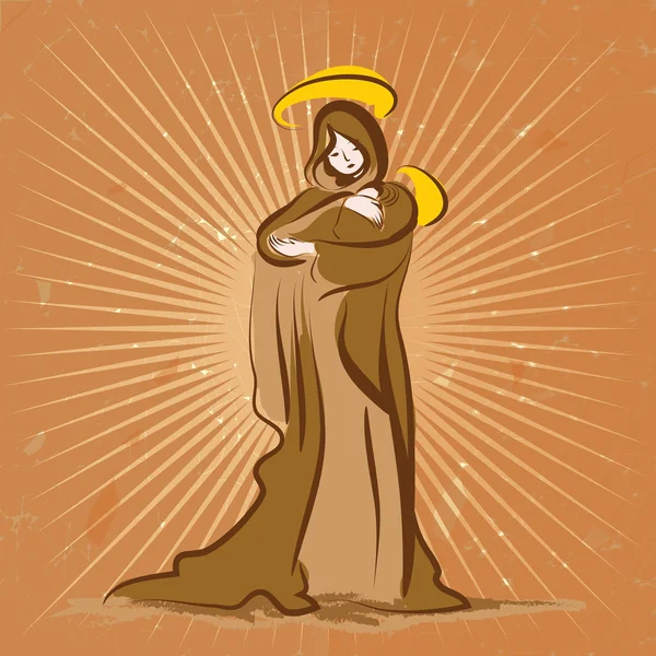 Virgin Maria with child on beige vintage sunburst background. Holy Mary vector illustration - graphic silhouette mother with baby. Symbol of motherhood, innocent. Christianity. Retro style. — Stock Vector