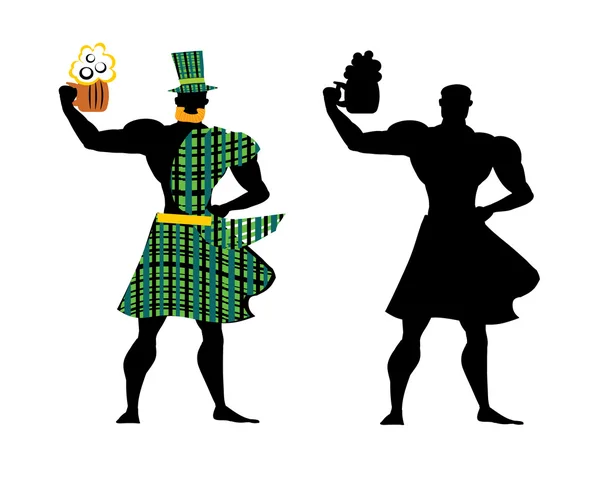 Mężczyzna napój piwo znak. Człowiek z piwa kubek czarny sylwetki i dresssed w costime - zielony kapelusz, czerwona broda, kilt, bez twarzy. Mężczyzna pitnej piwo zestaw. — Wektor stockowy
