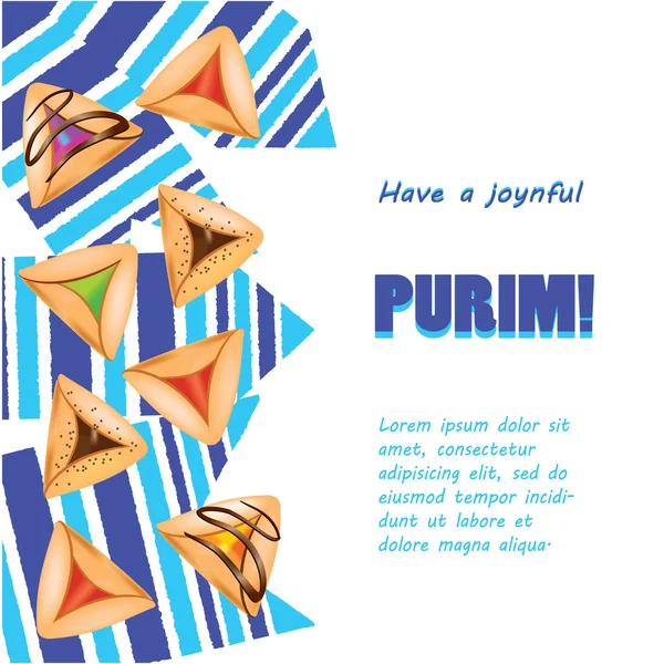 Purim saludo para vacaciones judías - Hamantashen galletas / comida festiva judía para la celebración de Purim. Galletas llamadas Amman Oznei (orejas de Aman) oh grunge fondo de banderas rayadas. Diseño de página Purim . — Vector de stock