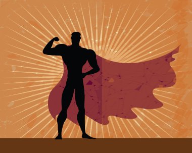 Superhero black silhouette on grunge sunburn background. Superhero over vintage background. Superman wear red cloak with sunset, sunrise or explosion behind. Retro classic american poster style.