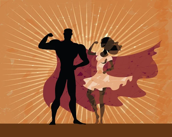 Superman en superwoman zwarte silhouetten die zich voordeed op grunge zonnebrand achtergrond. Superheros paar op vintage achtergrond. Man dragen rode mantel en sterke vrouw in witte jurk. Retro Amerikaanse poster stijl. — Stockvector