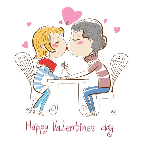 La tarjeta de San Valentín - el muchacho y la muchacha que besa en la cafetería. Tarjetas de amor. Bonita tarjeta de felicitación dibujada a mano para jóvenes. Personaje romántico de pareja . — Vector de stock