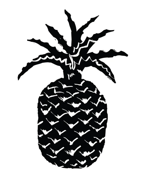 Ananas siyah mürekkep siluet - tropikal bir meyve, elle ilkel folk sanat, retro çizgi roman tarzı çizilmiş vektör çizim.
