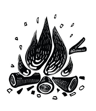 Campfire vector Illustration - red fire flames on grey wooden logs. Fireplace as symbol of hiking tourism, wild nature, adventure. 