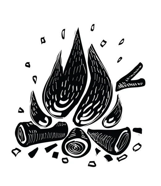 Campfire vector Illustration - red fire flames on grey wooden logs. Fireplace as symbol of hiking tourism, wild nature, adventure. — Wektor stockowy