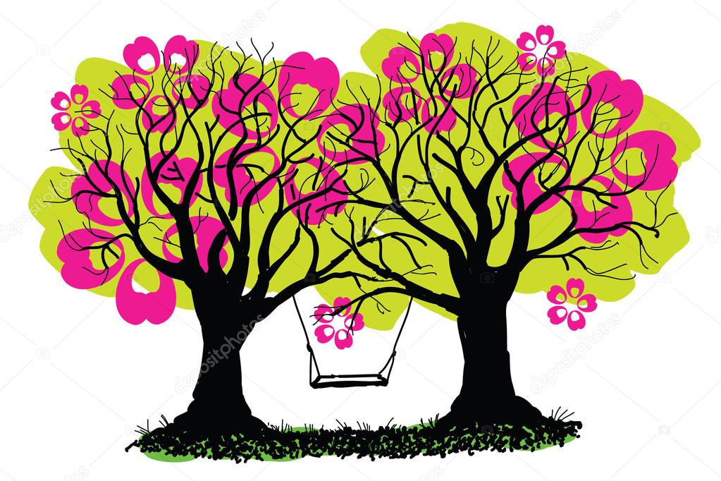 Swing between spring blossoming trees vector illustration. Black trees and ground silhouettes, hand drawn, and huge pink flowers in crown. Abstract old trees with swing - ink hand-drawn. EPS 10.