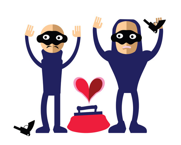 Robbers steal heart - giving up. Vector illustration of Bad Guys steal heart concept - love, dating, danger, relationship subjects. Romantic thieves in mask on their faces hold hand up.