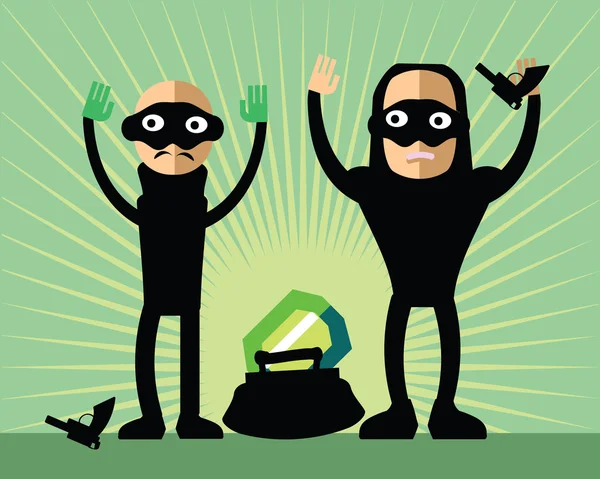 Ladrones enmascarados roban diamantes - tipos malos con armas y entregan. Graciosos ladrones infantiles con bolso y brillante. Bandido abandonando.Verde sunburst fondo . — Vector de stock