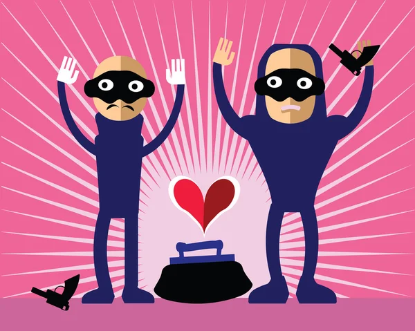 Los ladrones se rinden. Ilustración vectorial de Bad Guys robar concepto de corazón - amor, citas, peligro, temas de relación. Ladrones románticos enmascarados en sus rostros sostienen la mano. Fondo rosa sunburst . — Vector de stock