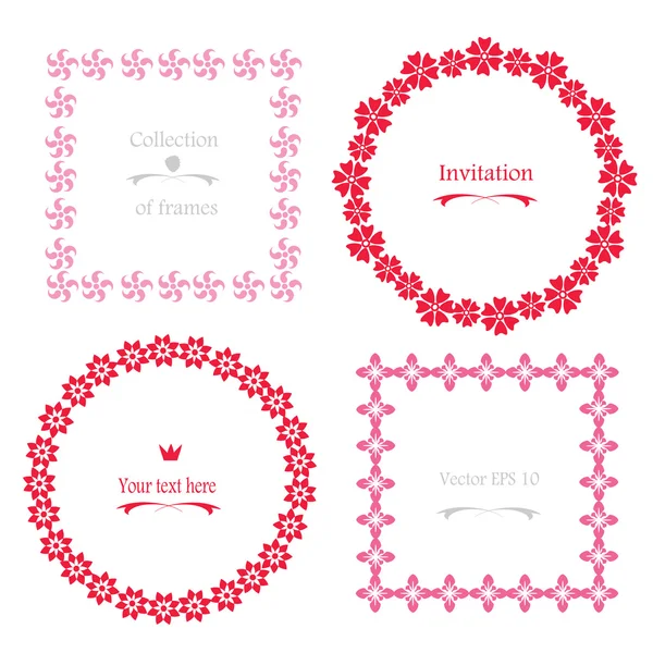 Коло Рамки, Квадратні рамки - встановлюйте межі вінків з абстрактними стилізованими квітами, ізольованими на білому. Милі рожеві та червоні вінтажні гірлянди для вашого дизайну . — стоковий вектор