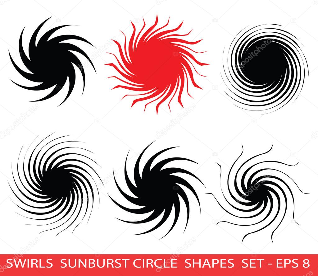 Vector Spiral Logo Design ideas collection. Swirls and Sunburn radial symbols. Orient Red Sun or Black Hole Icon collection. Whirlpool design elements . Swirly circle shapes vector clip art. Isolated on white.