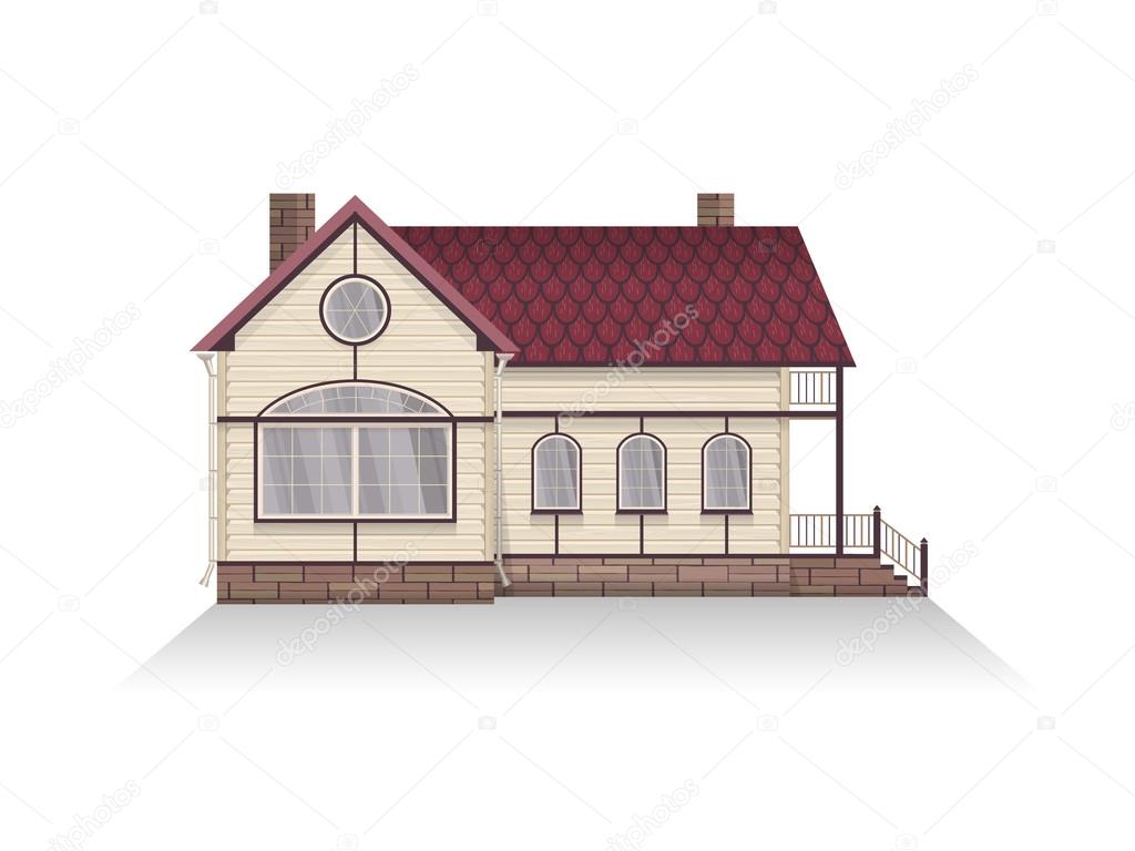 Vektör çizim mansard ile detaylı banliyö müstakil ev. Vektörel çizim