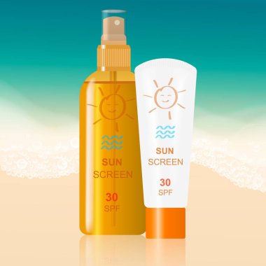 Denizin arka planında güneş yanığı, krem ve losyona karşı su geçirmez koruma. Vektör