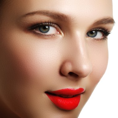 Make-up & cosmetics. Closeup portrait of beautiful woman model face with clean skin on white background. Natural skincare beauty, clean soft skin. Spa treatment