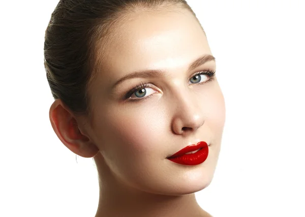 Close-up shot of woman lips with red lipstick. Beautiful perfect lips. Sexy mouth close up. Beautiful wide smile of young fresh woman with full lips. Isolated over white background — Zdjęcie stockowe