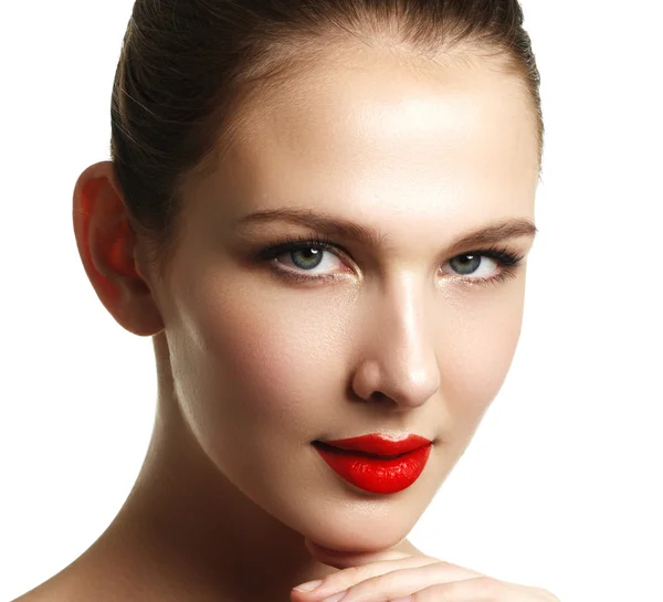 Close-up shot of woman lips with red lipstick. Beautiful perfect lips. Sexy mouth close up. Beautiful wide smile of young fresh woman with full lips. Isolated over white background — ストック写真