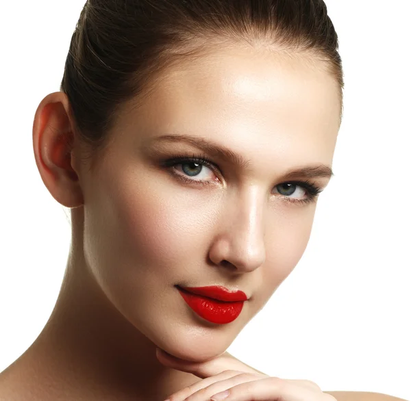 Close-up shot of woman lips with red lipstick. Beautiful perfect lips. Sexy mouth close up. Beautiful wide smile of young fresh woman with full lips. Isolated over white background — 图库照片