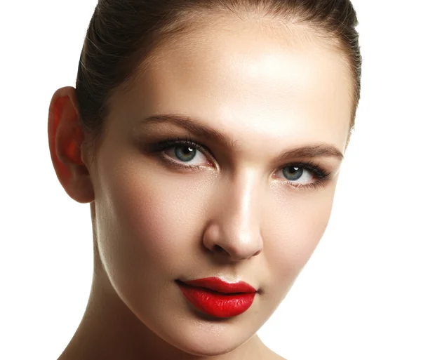 Close-up shot of woman lips with red lipstick. Beautiful perfect lips. Sexy mouth close up. Beautiful wide smile of young fresh woman with full lips. Isolated over white background — Φωτογραφία Αρχείου