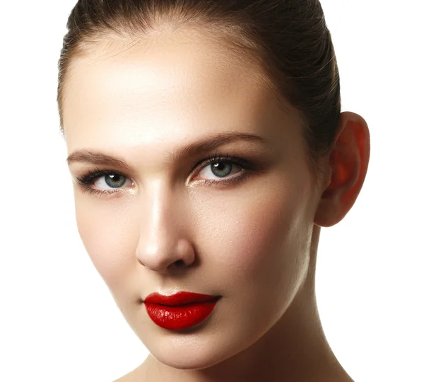 Close-up shot of woman lips with red lipstick. Beautiful perfect lips. Sexy mouth close up. Beautiful wide smile of young fresh woman with full lips. Isolated over white background — Φωτογραφία Αρχείου