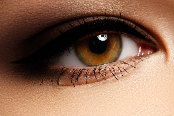 Hermoso macroplano de ojo femenino con maquillaje ahumado clásico con delineador de ojos. Sombras marrones y pestañas largas. Cosméticos y maquillaje. Primer plano macro disparo de moda ojos ahumados visage — Foto de Stock