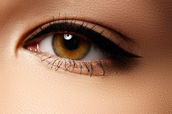 Eye makeup. Beautiful eyes retro style make-up. Holiday makeup detail. Eyeliner. Cosmetics and make-up. Closeup macro shot of fashion visage