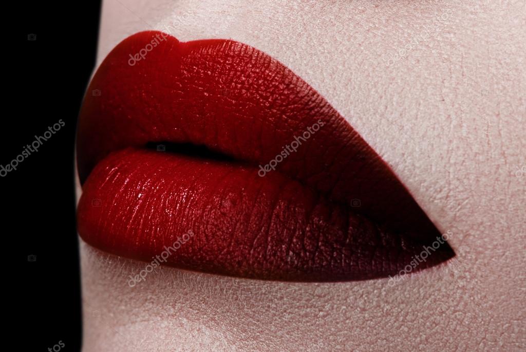 Reddish Maroon Lipstick Extreme Close Up On Model With