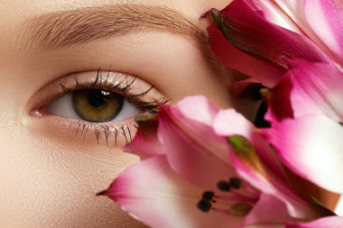 Muhteşem genç model, güzel kadın göz taze Pembe çiçek, kadın parçası, şık bir görünüm, spa ve güzellik arka plan ile seksi kız