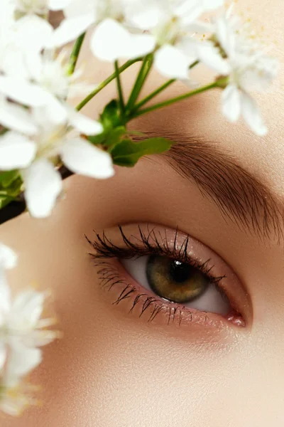 Gorgeous young model, beautiful woman eye with fresh  flower, part of female head, sexy girl with stylish look, spa and beauty background — Stock Photo, Image